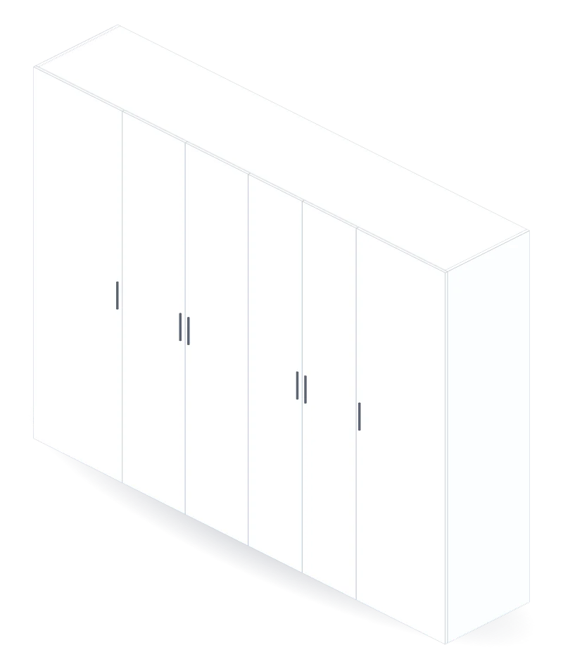 3D view of the garage cabinet in the cabinet designer: four columns with adjustable shelves and doors, 300 × 221 × 60 cm