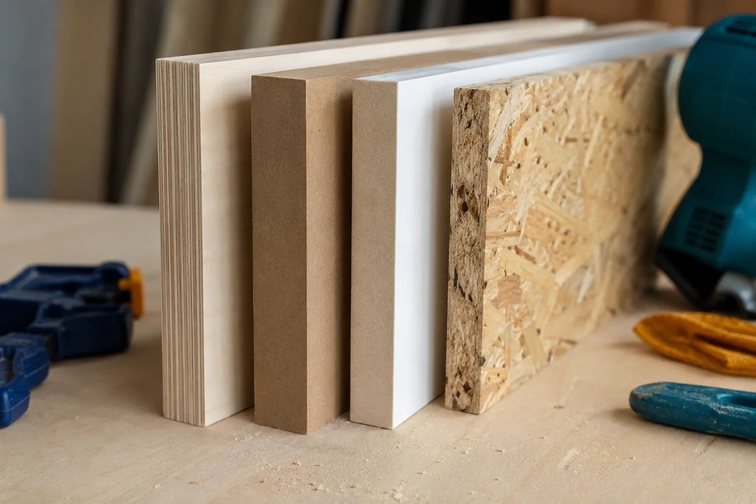 Verschiedene Plattenmaterialien nebeneinander auf der Werkbank