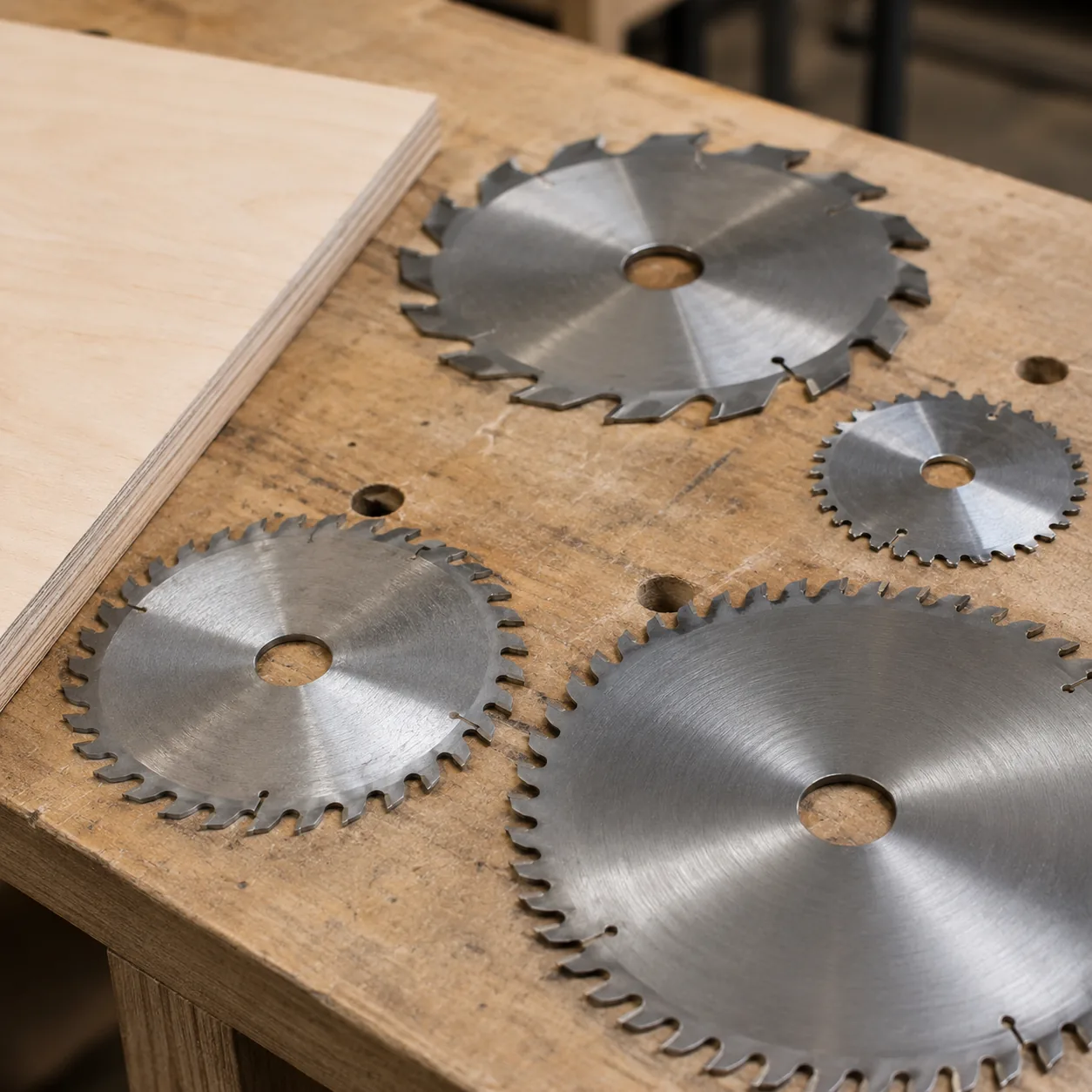 Circular saw blades with different tooth counts next to a sheet of plywood