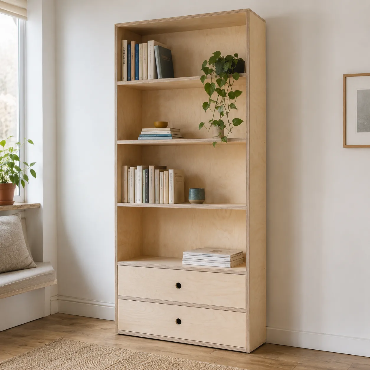 Fertig gebautes Bücherregal aus Plattenmaterial mit offenen Fächern