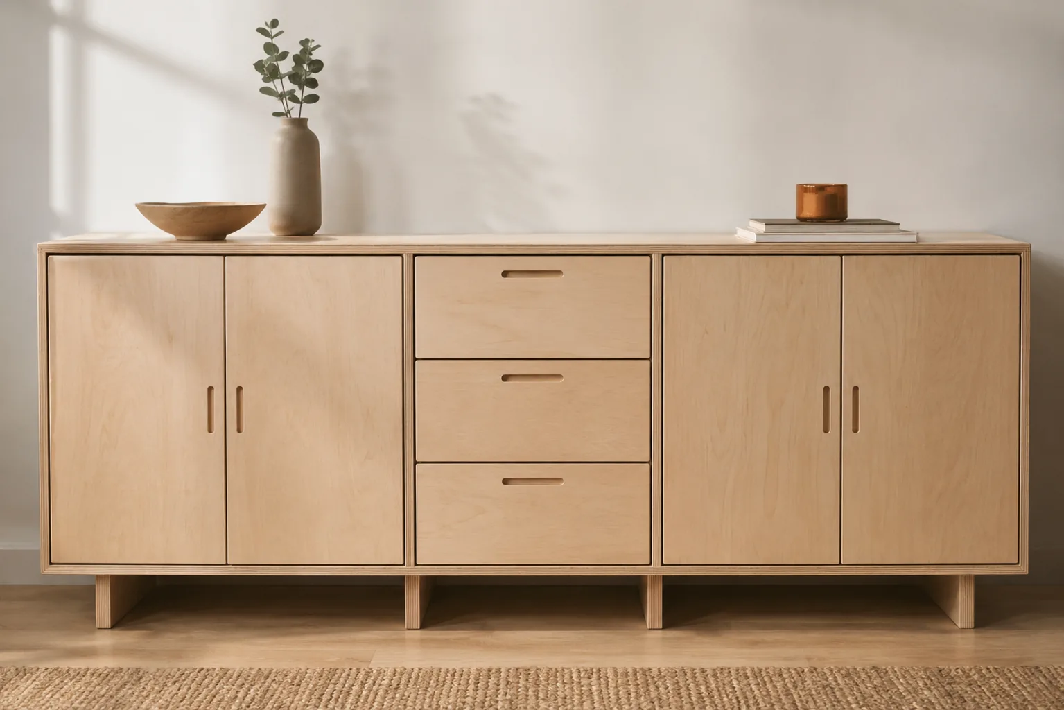 Niedriges, breites Sideboard aus Birken-Multiplex mit flächenbündigen Türen