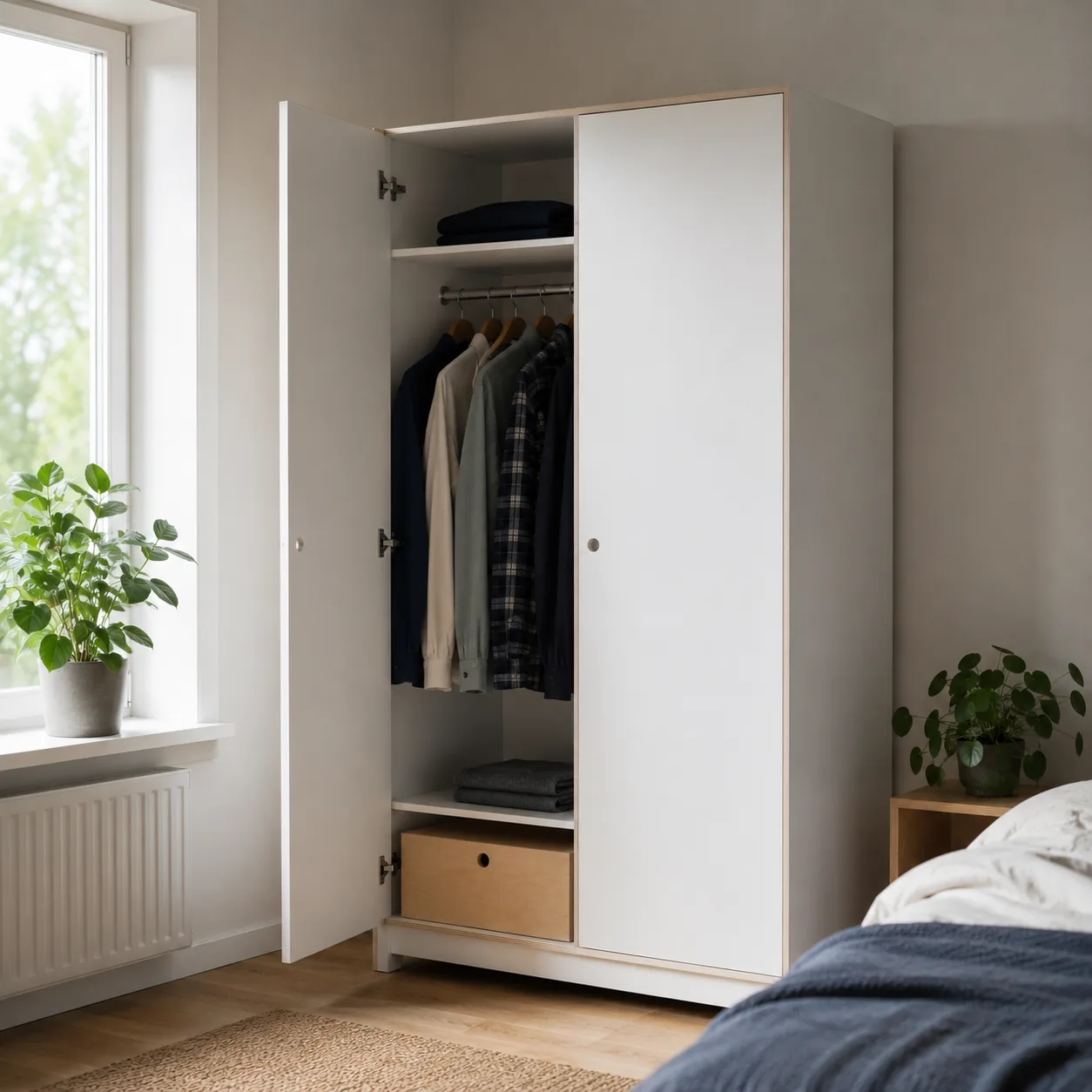 Kleiderschrank nach Maß mit Hängebereich, Fachböden und Schubladen aus Plattenmaterial