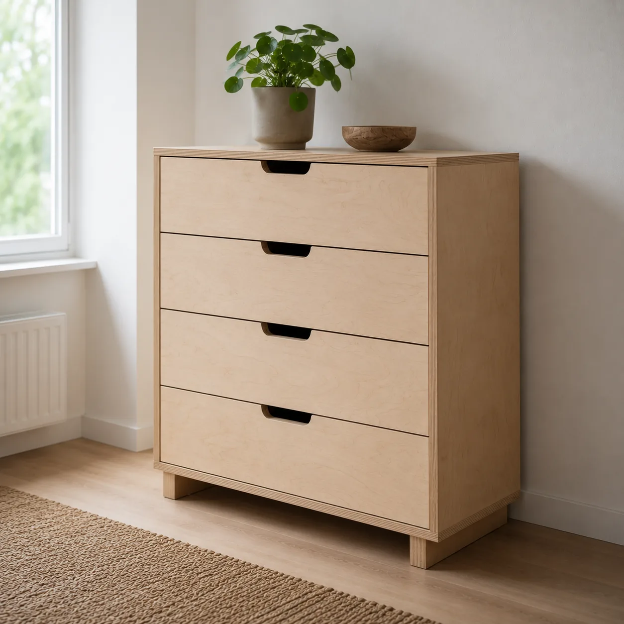 Beispielbild: schmaler Rollcontainer mit drei Schubladen unter einem Schreibtisch