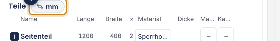 Der Einheitenknopf steht neben der Überschrift Teile, nicht in einem Spaltenkopf.