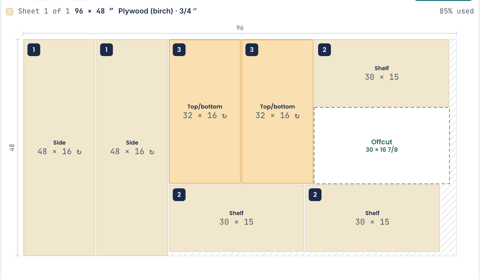 One sheet with seven parts and two usable offcuts.